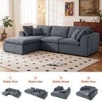 Four transformation states of modular L-shaped sectional sofa with chaise, ideal for customizable seating arrangements.
