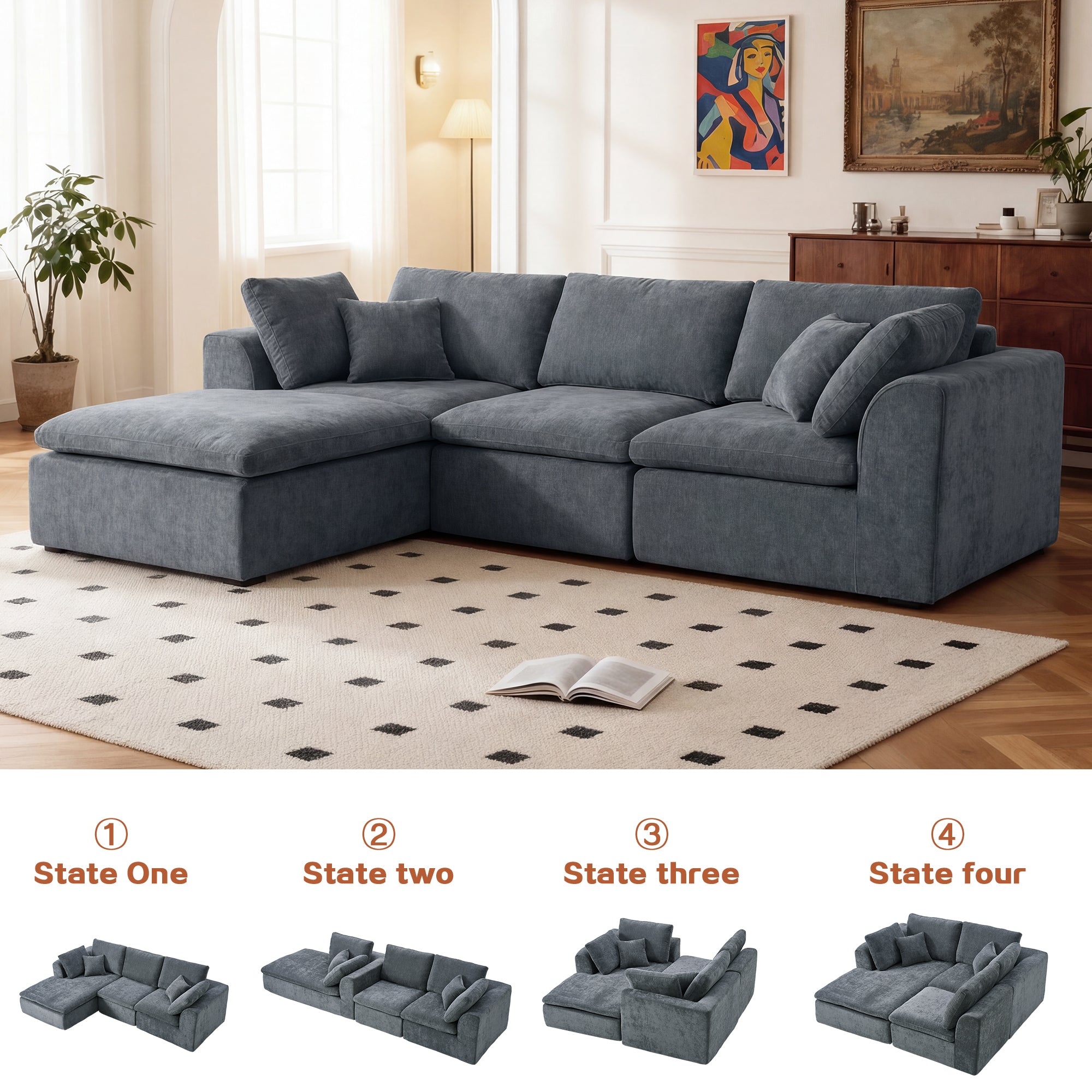 Four transformation states of modular L-shaped sectional sofa with chaise, ideal for customizable seating arrangements.