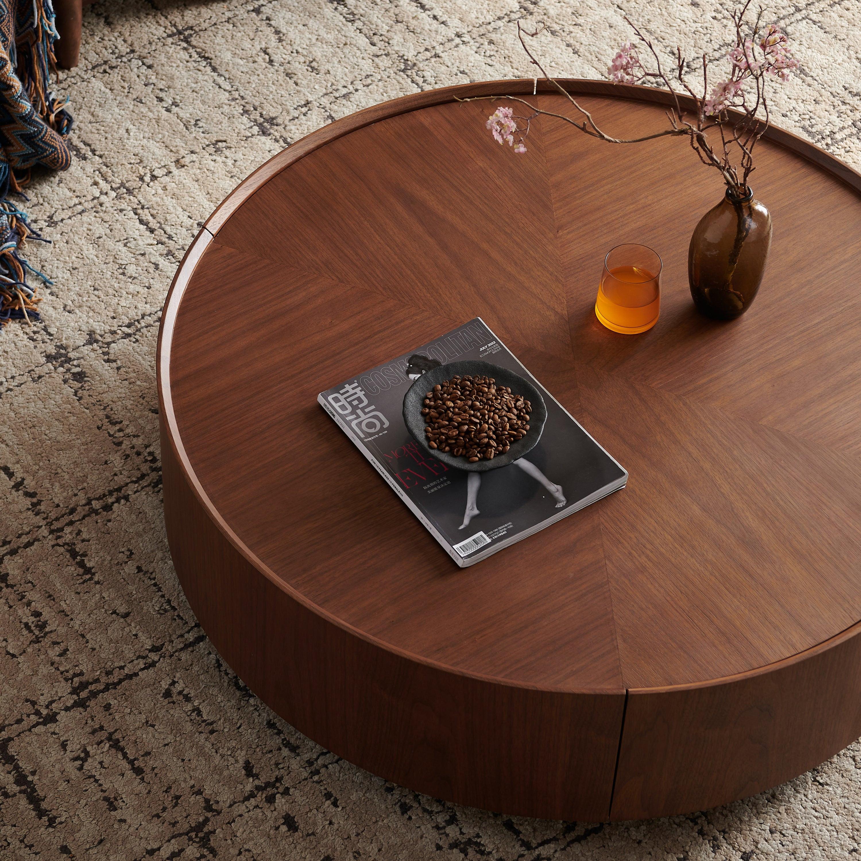 35.4-Inch Walnut Coffee Table with Circular Design.