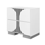 Side angle of Sasha White Nightstand showcasing chrome inlay detail and modern block feet design for contemporary interiors.