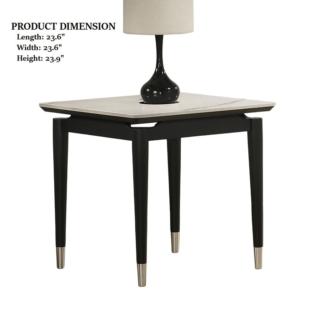 Sintered Stone End Table with dimensions 23.6 x 23.6 x 23.9 inches, featuring modern arrow legs and a marble-style top.
