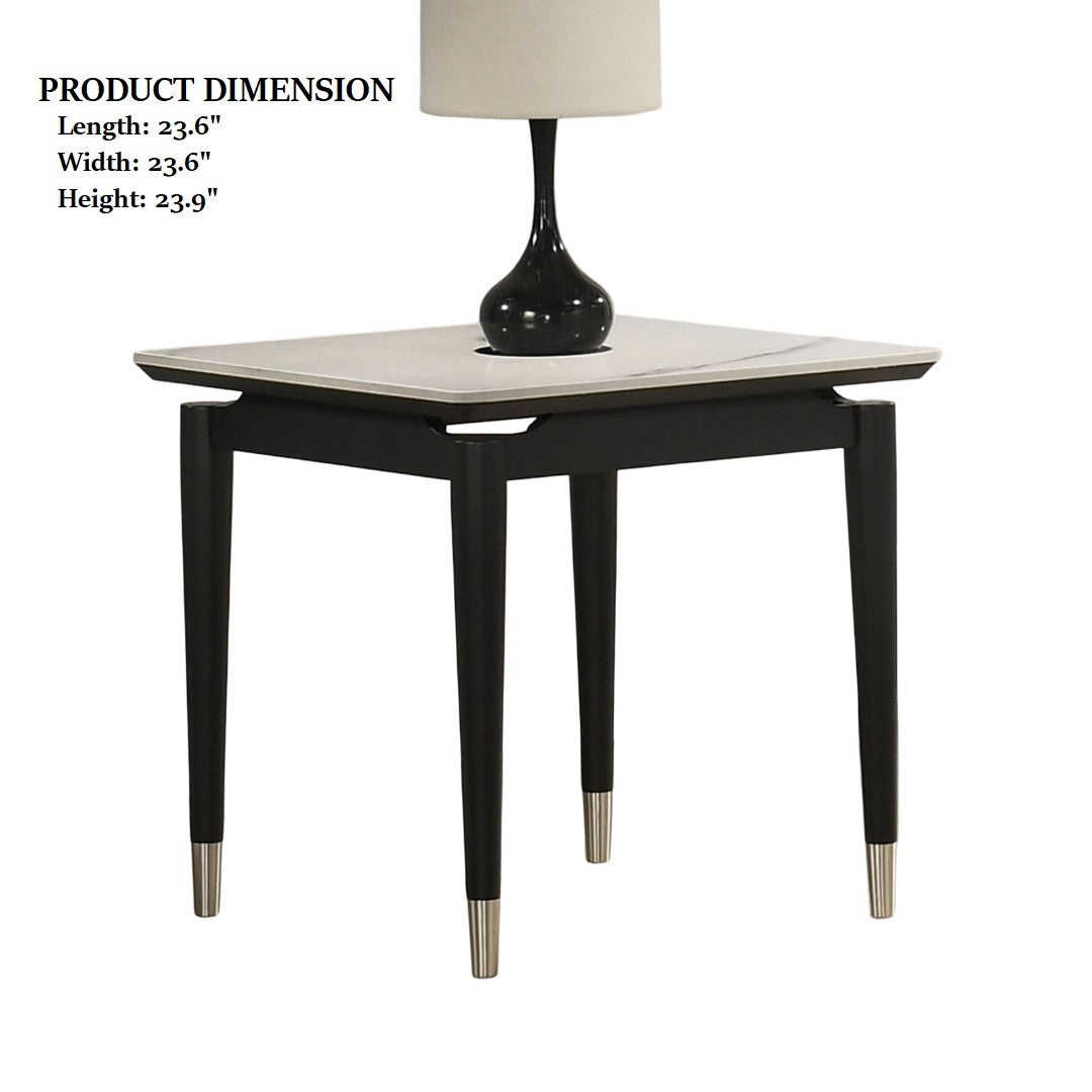 Sintered Stone End Table with dimensions 23.6 x 23.6 x 23.9 inches, featuring modern arrow legs and a marble-style top.