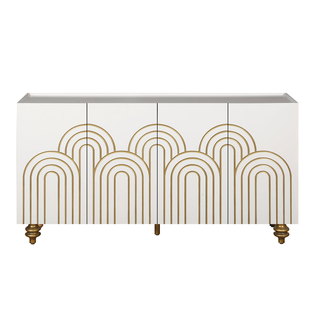 Modern Fluted Sideboard Buffet with Storage, Curve Element, 4 Doors with Adjustable Shelves, White
