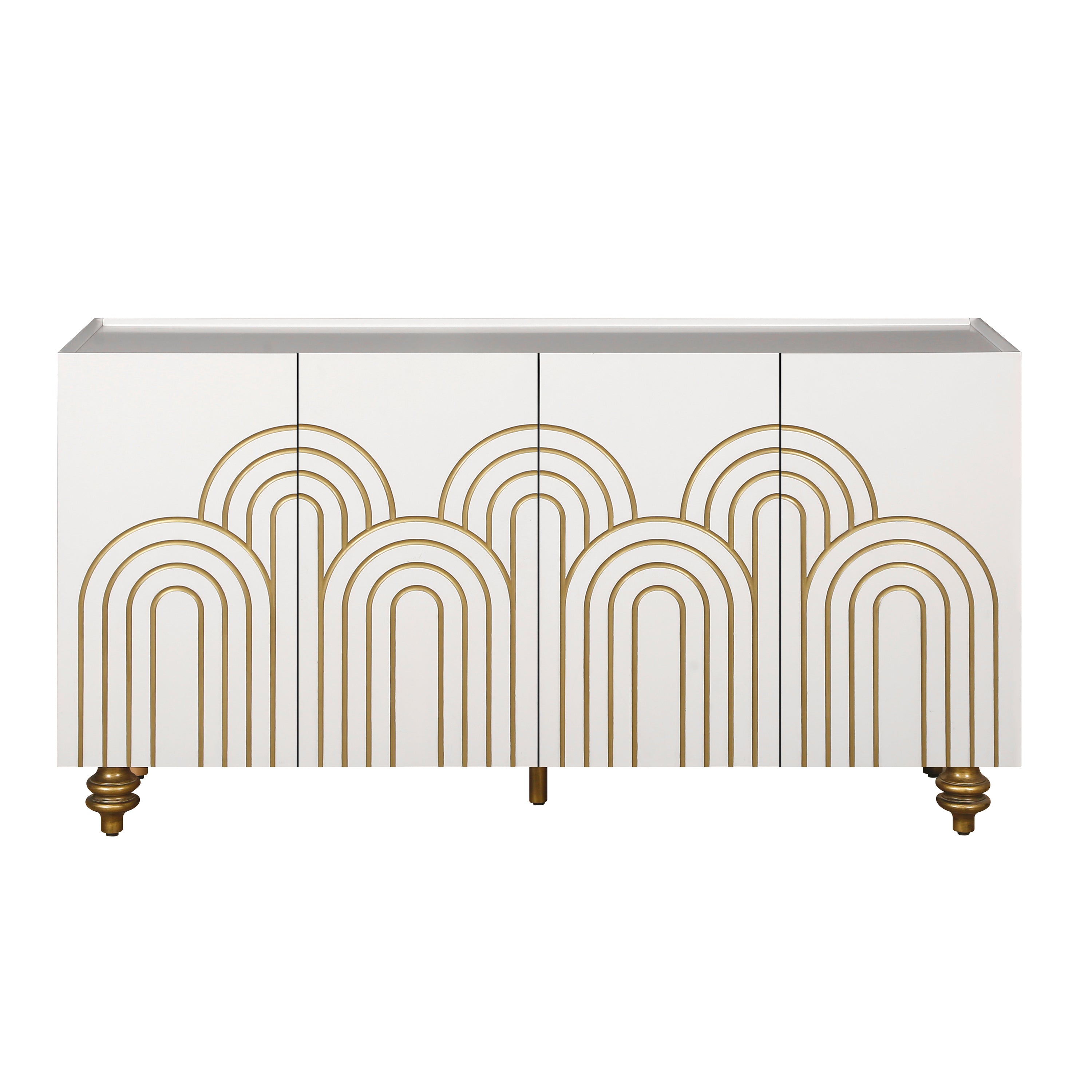 Modern Fluted Sideboard Buffet with Storage, Curve Element, 4 Doors with Adjustable Shelves, White