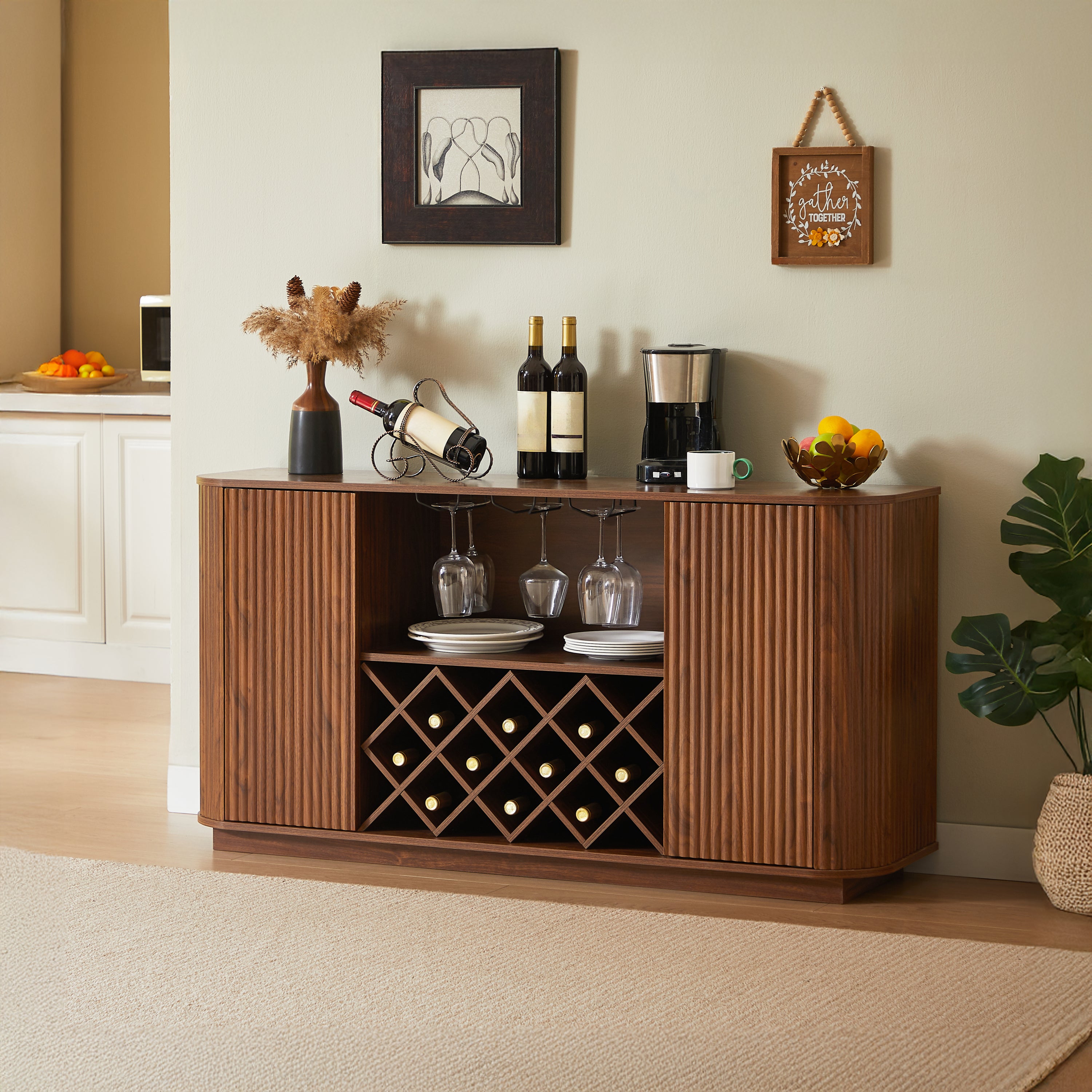 Modern Wavy Curve Sideboard with Wine Rack and Storage