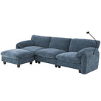 108' modular sectional sofa with USB charger and side storage in blue fabric. Spacious L-shaped design with ottoman for living room comfort.