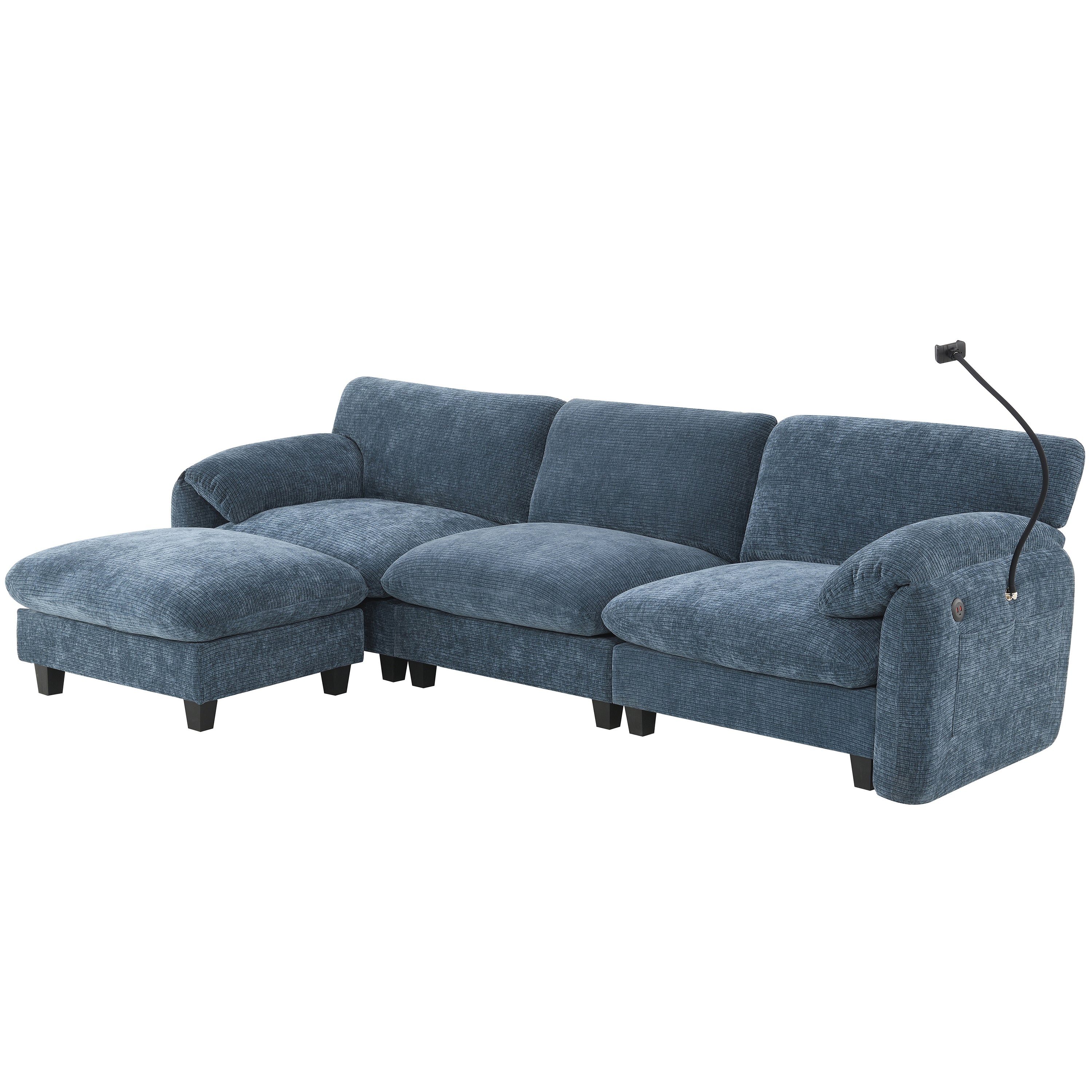 108' modular sectional sofa with USB charger and side storage in blue fabric. Spacious L-shaped design with ottoman for living room comfort.