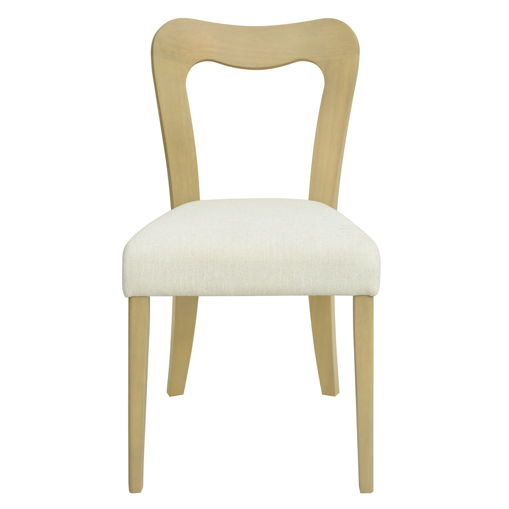 Front view of a contemporary dining chair in light ash with a beige upholstered seat, ideal for modern dining spaces.