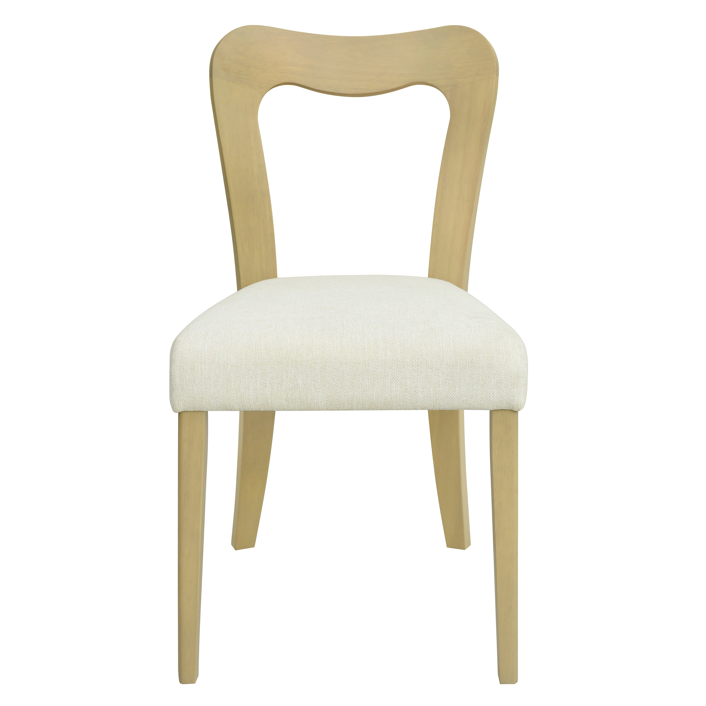 Front view of a contemporary dining chair in light ash with a beige upholstered seat, ideal for modern dining spaces.