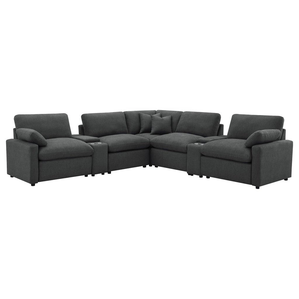 Modular Power Reclining Sectional in Dark Grey Fabric.