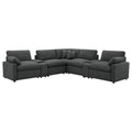 Modular Power Reclining Sectional in Dark Grey Fabric.