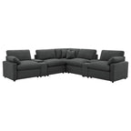 Modular Power Reclining Sectional in Dark Grey Fabric.
