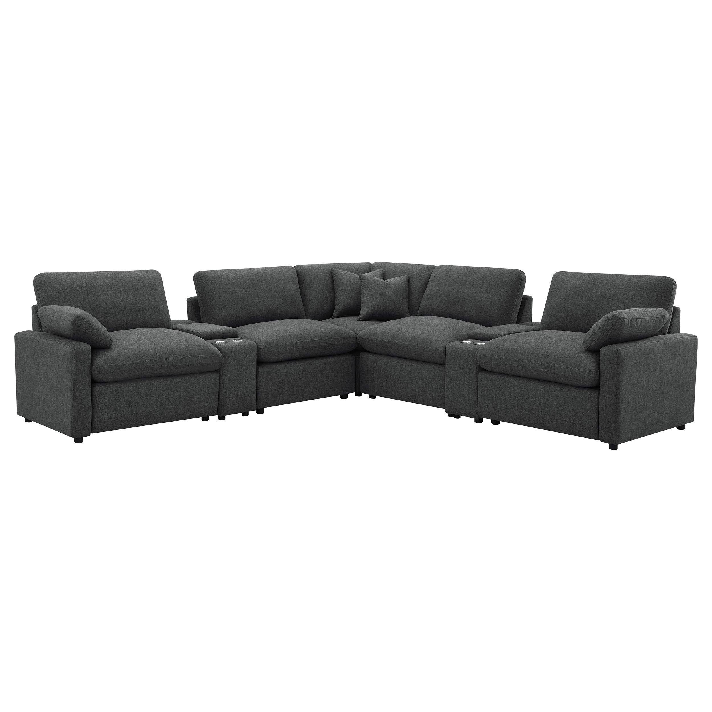 Modular Power Reclining Sectional in Dark Grey Fabric.