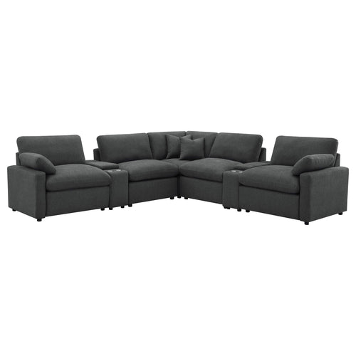 Modular Power Reclining Sectional in Dark Grey Fabric.