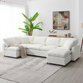 130' Modular Sofa Bed - Convertible 6 Seat Sectional in white chenille fabric, arranged in L-shape with throw blanket in modern living room.