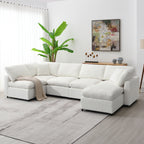 130' Modular Sofa Bed - Convertible 6 Seat Sectional in white chenille fabric, arranged in L-shape with throw blanket in modern living room.