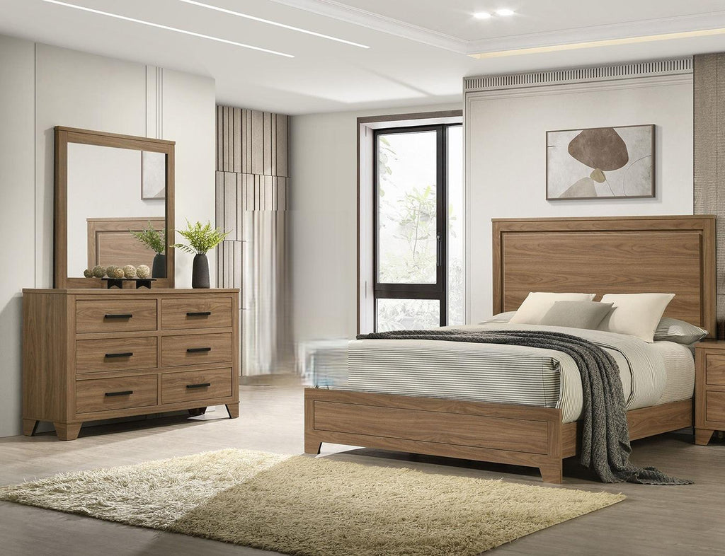 Queen Size Walnut Chestnut Bedroom Set with Dresser and Mirror.