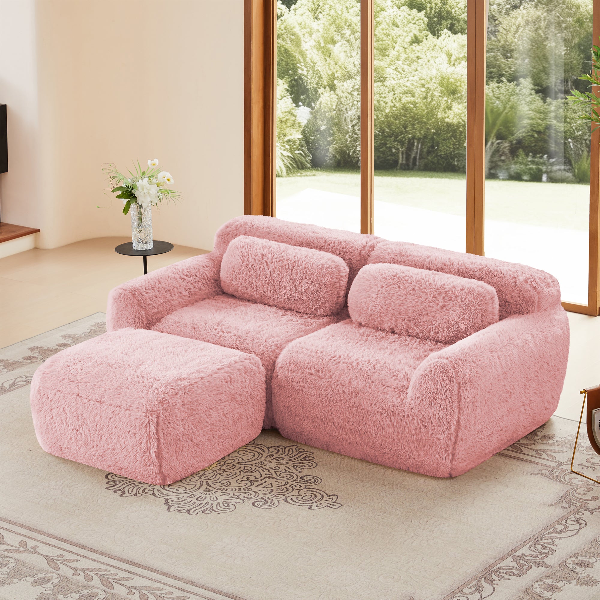 Modular pink sofa chaise with plush fabric and ergonomic design in a sunlit living room. No assembly needed, anti-slip base, and soft cushions.
