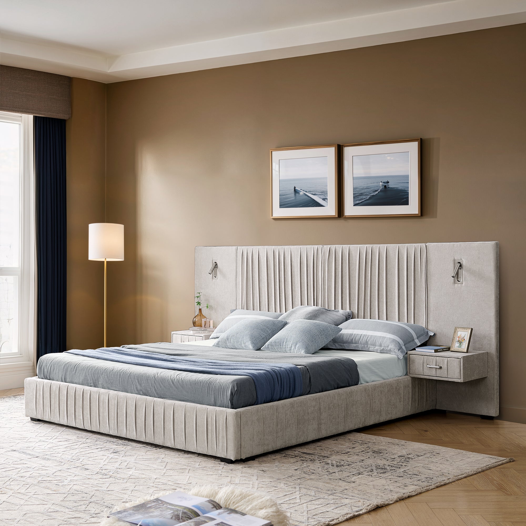 Elegant queen upholstered bed frame with pleated headboard and integrated lighting, styled in a cozy bedroom with neutral tones and modern decor.