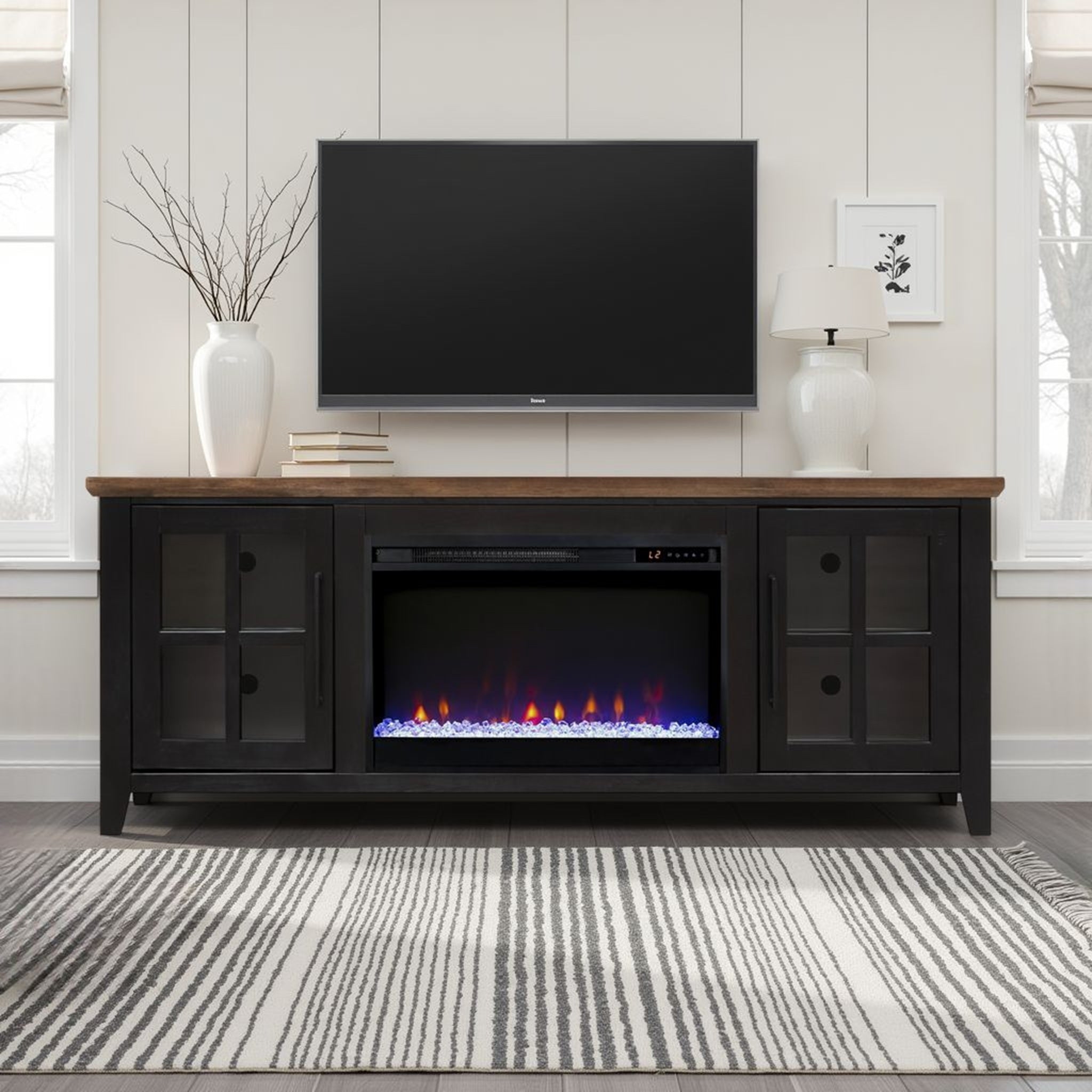 Fireplace TV Stand - Supports 80 inch TVs, Black & Bourbon