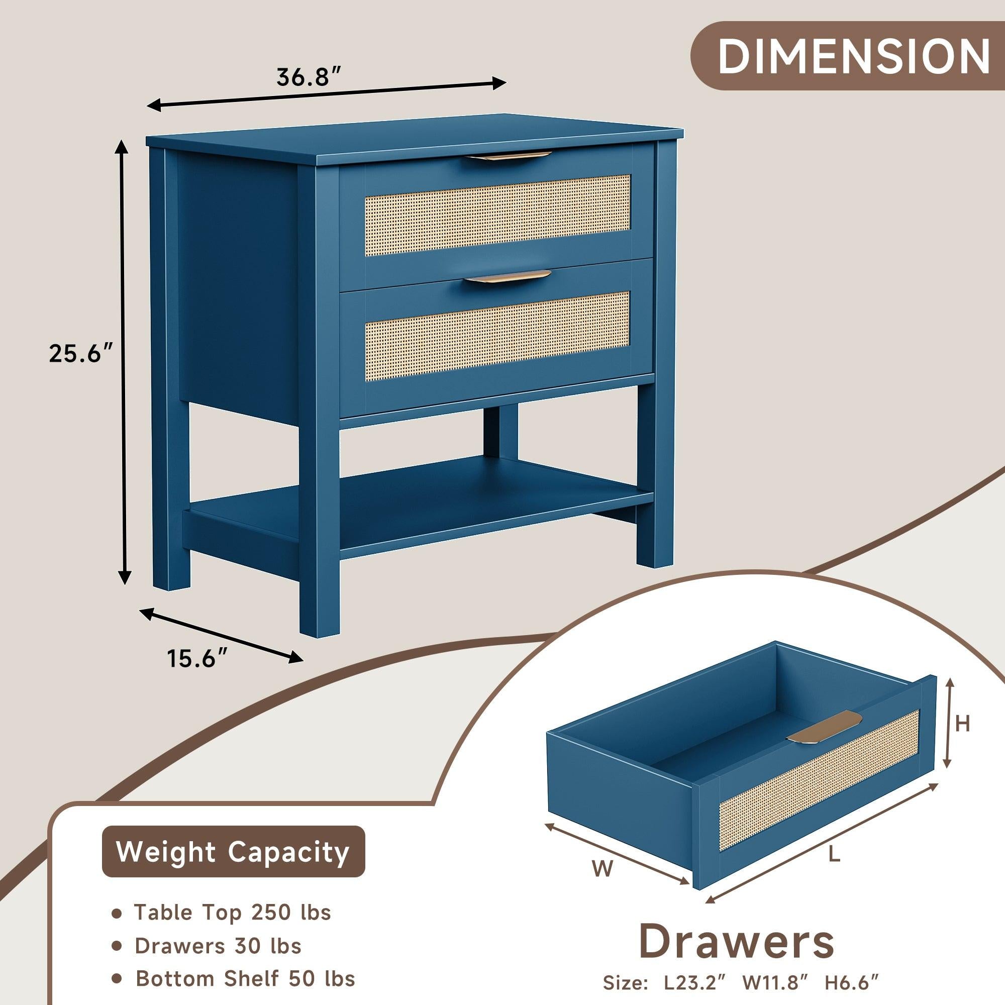 Boho Nightstand with 2 Drawers and Storage Shelf.