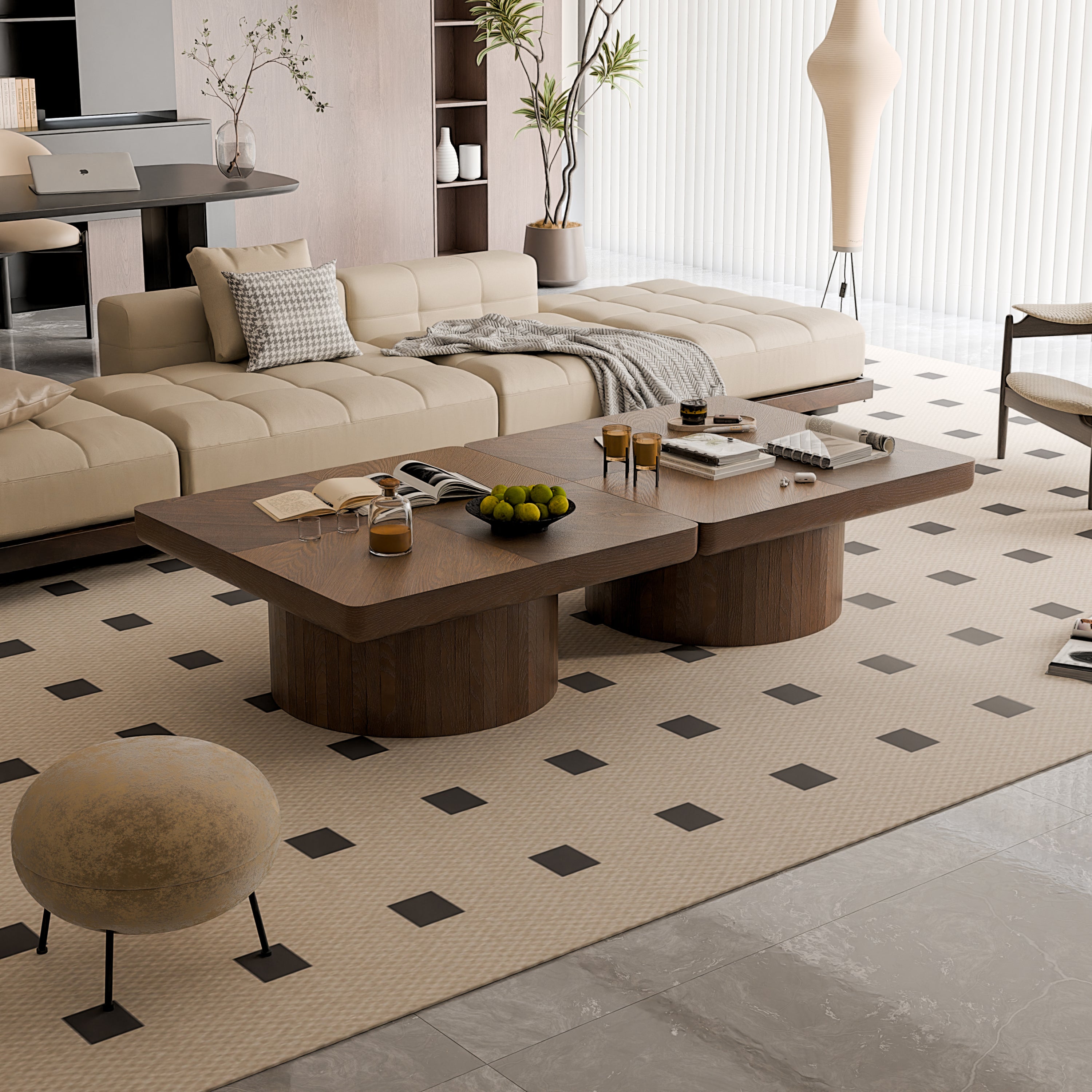 Two walnut square coffee tables with parquet tops and cylindrical bases placed side by side in a spacious modern living room.