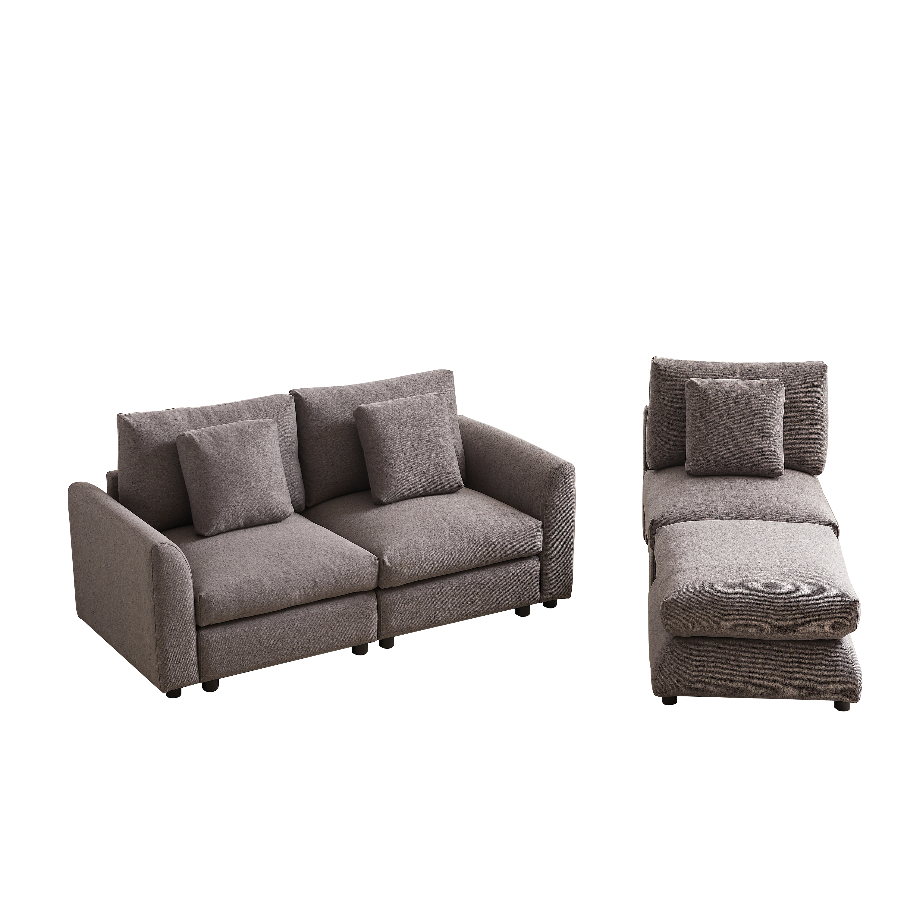 Modular sofa with ottoman in two separate sections, upholstered in soft gray fabric with matching cushions for versatile living room setups.