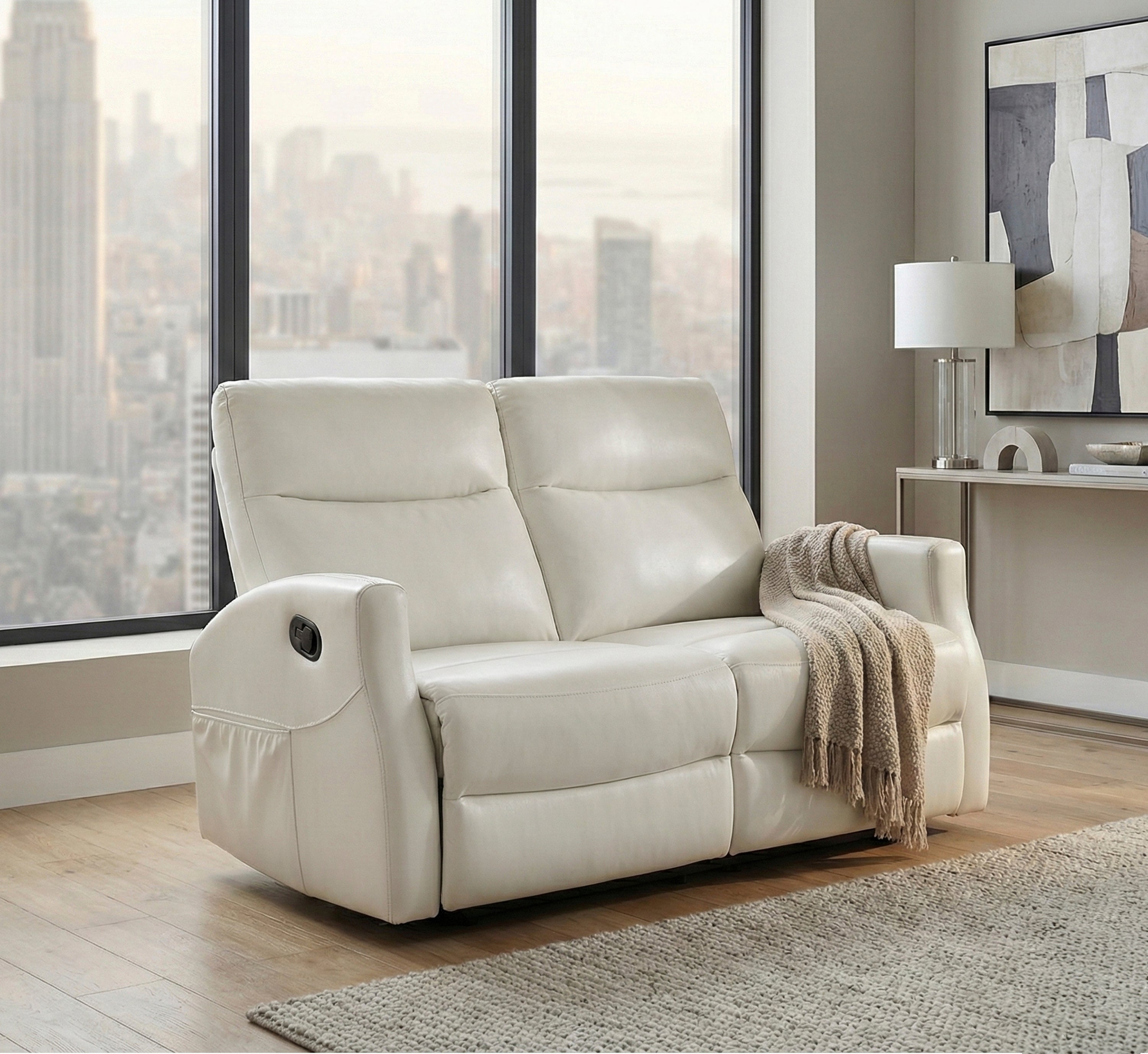 Contemporary Beige Faux Leather Double Reclining Loveseat