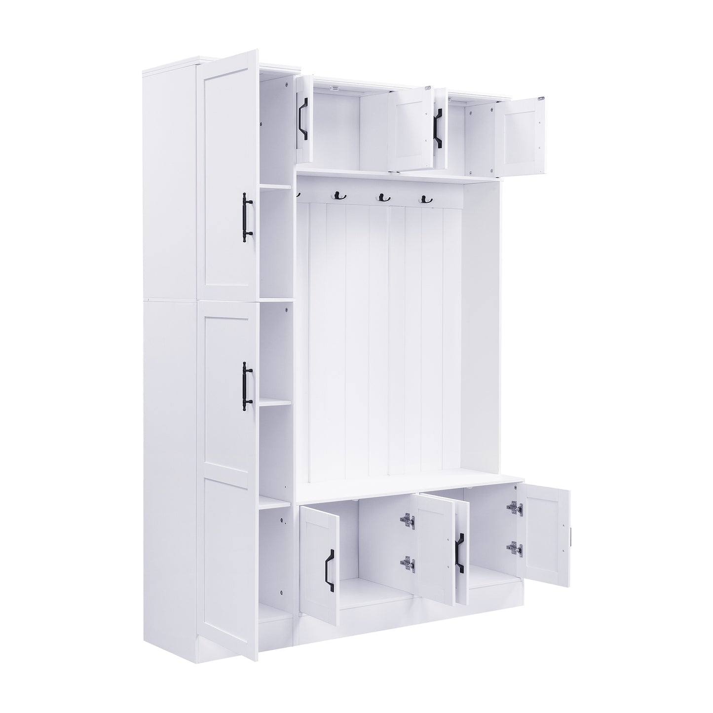 U-Can 79'' Tall Modern Hall Tree with Shoe Storage, 4-in-1 Entryway Bench with 6 Cabinets, 4 Coat Hooks & Adjustable Shelf for Hallway, living room, White