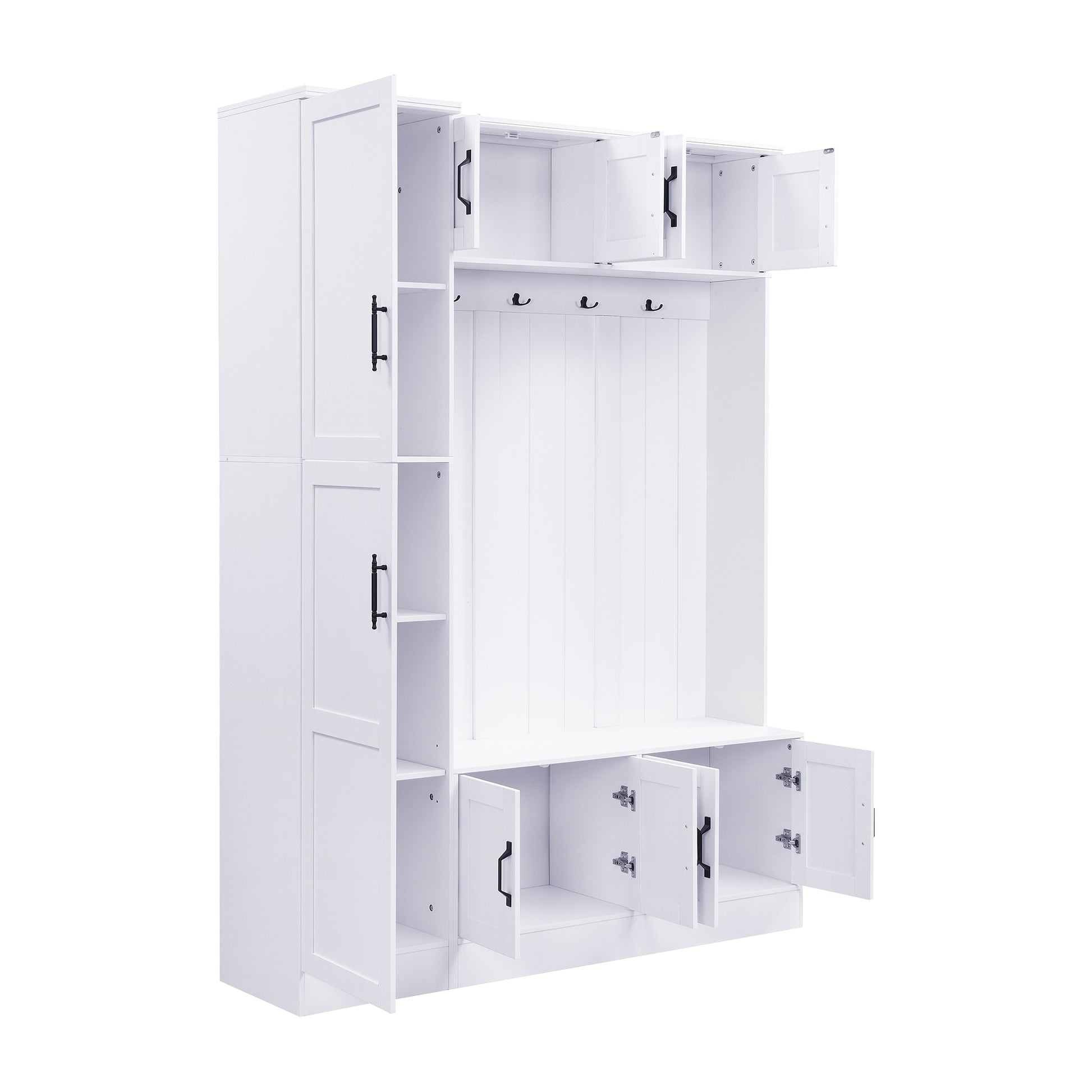 U-Can 79'' Tall Modern Hall Tree with Shoe Storage, 4-in-1 Entryway Bench with 6 Cabinets, 4 Coat Hooks & Adjustable Shelf for Hallway, living room, White