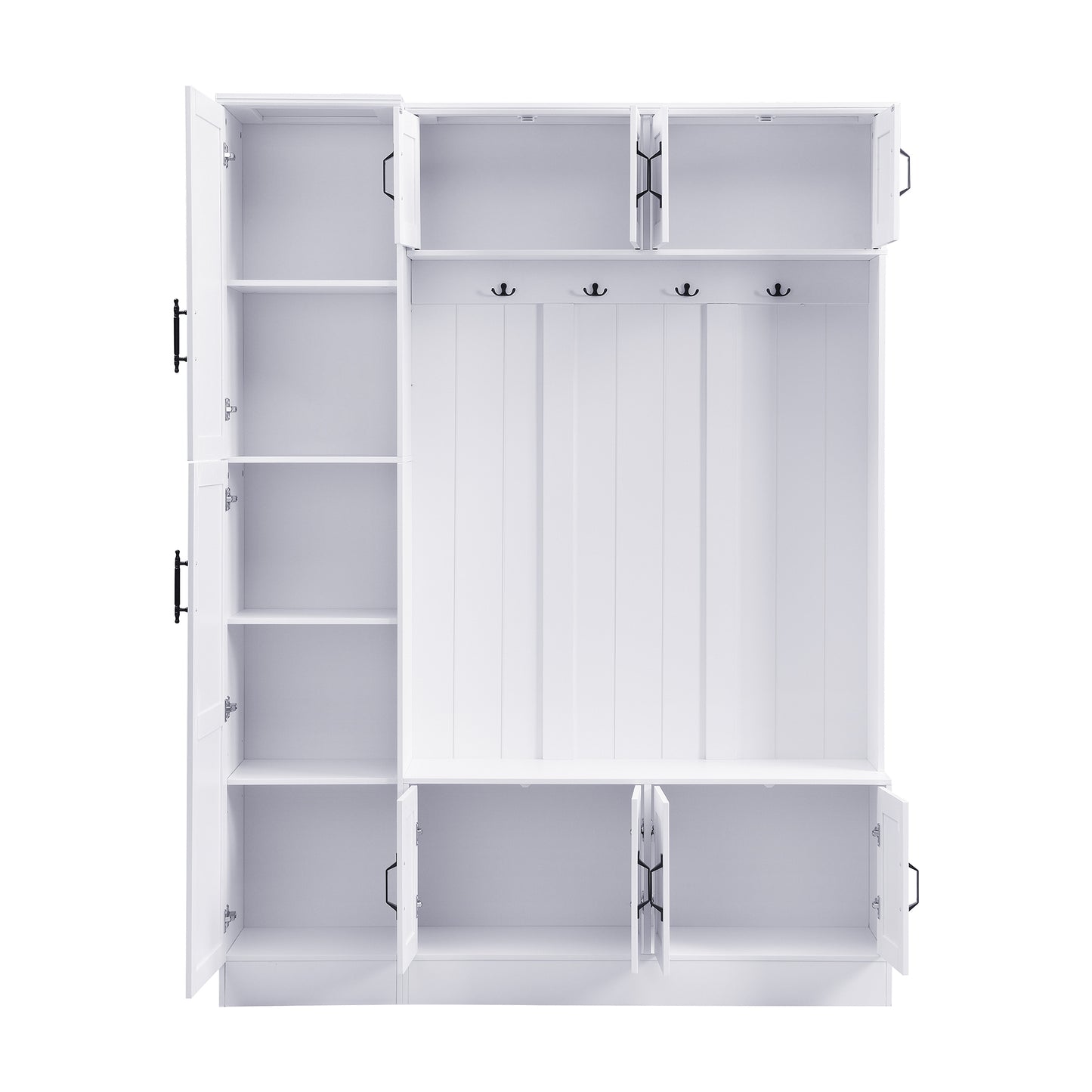 U-Can 79'' Tall Modern Hall Tree with Shoe Storage, 4-in-1 Entryway Bench with 6 Cabinets, 4 Coat Hooks & Adjustable Shelf for Hallway, living room, White