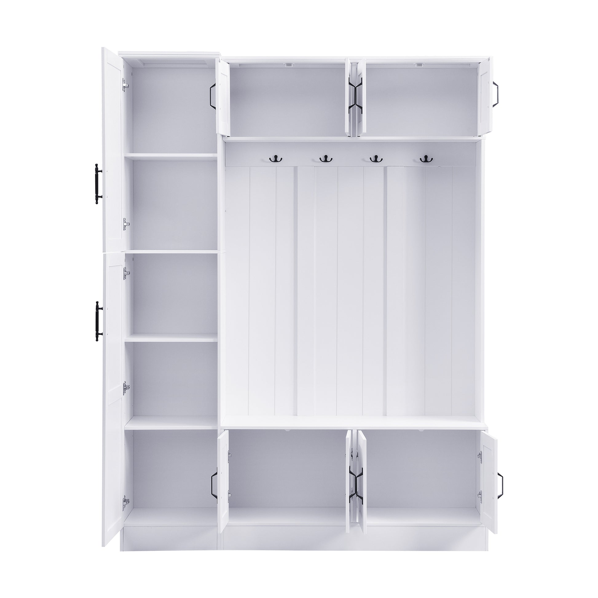 U-Can 79'' Tall Modern Hall Tree with Shoe Storage, 4-in-1 Entryway Bench with 6 Cabinets, 4 Coat Hooks & Adjustable Shelf for Hallway, living room, White