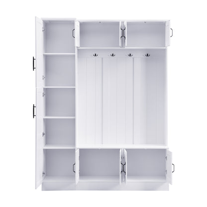U-Can 79'' Tall Modern Hall Tree with Shoe Storage, 4-in-1 Entryway Bench with 6 Cabinets, 4 Coat Hooks & Adjustable Shelf for Hallway, living room, White