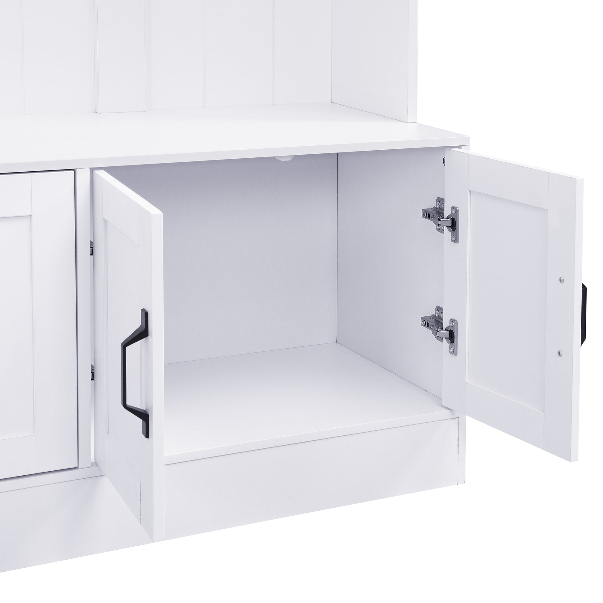 U-Can 79'' Tall Modern Hall Tree with Shoe Storage, 4-in-1 Entryway Bench with 6 Cabinets, 4 Coat Hooks & Adjustable Shelf for Hallway, living room, White