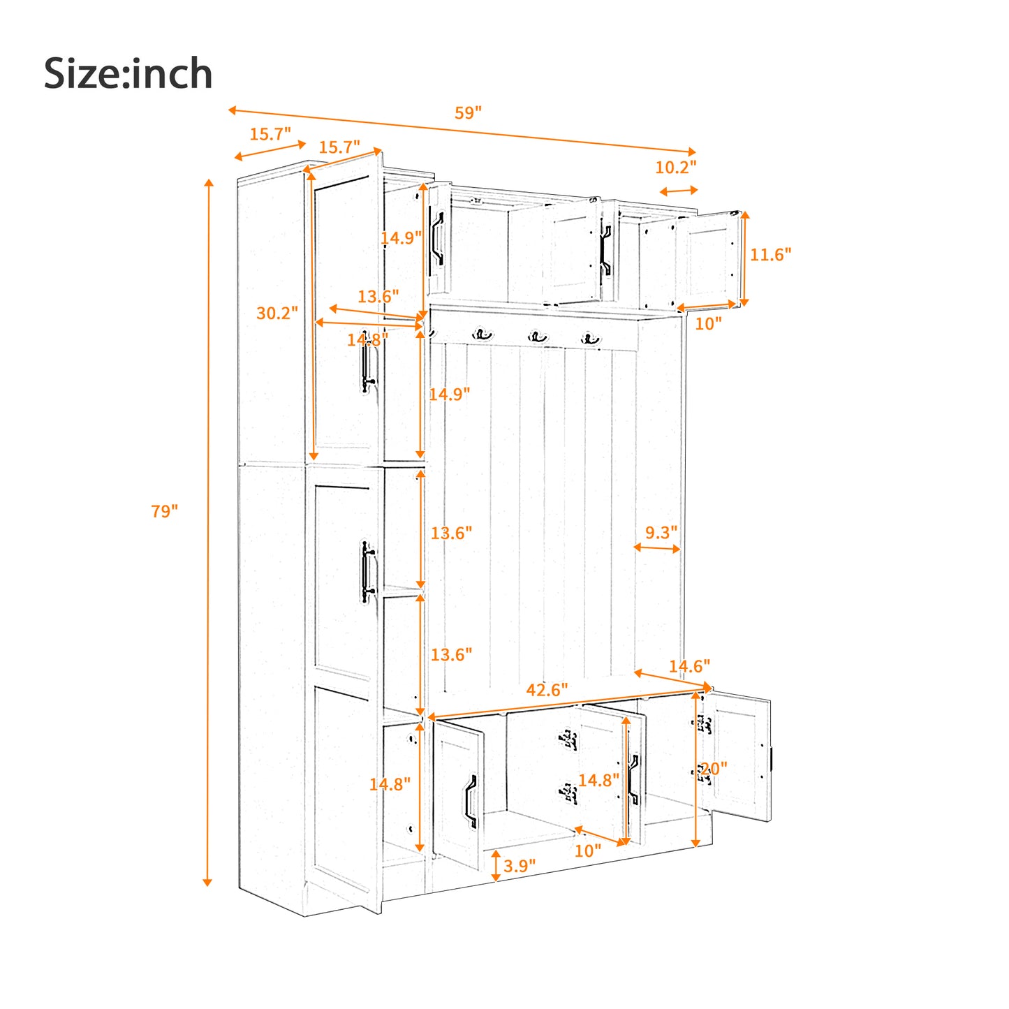U-Can 79'' Tall Modern Hall Tree with Shoe Storage, 4-in-1 Entryway Bench with 6 Cabinets, 4 Coat Hooks & Adjustable Shelf for Hallway, living room, White