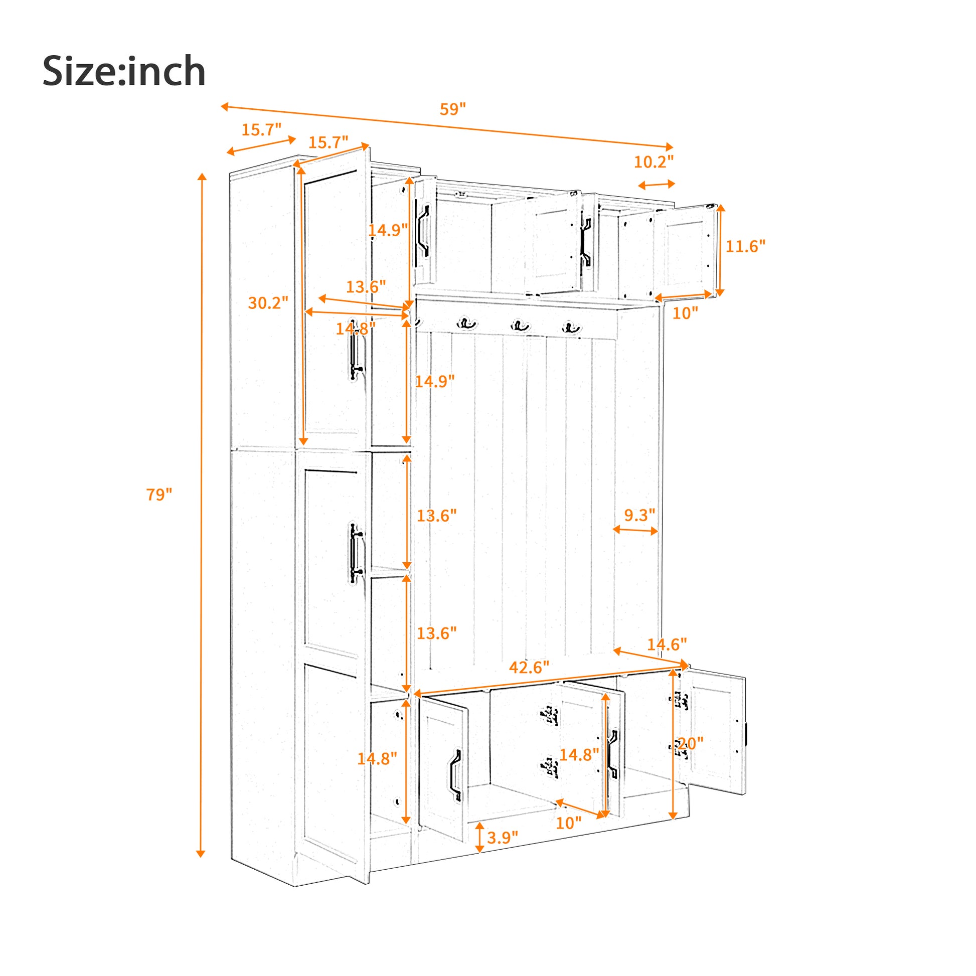 U-Can 79'' Tall Modern Hall Tree with Shoe Storage, 4-in-1 Entryway Bench with 6 Cabinets, 4 Coat Hooks & Adjustable Shelf for Hallway, living room, White