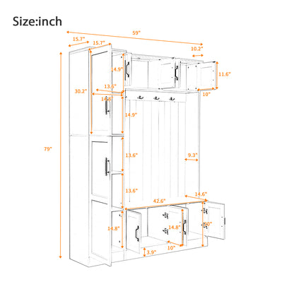 U-Can 79'' Tall Modern Hall Tree with Shoe Storage, 4-in-1 Entryway Bench with 6 Cabinets, 4 Coat Hooks & Adjustable Shelf for Hallway, living room, White