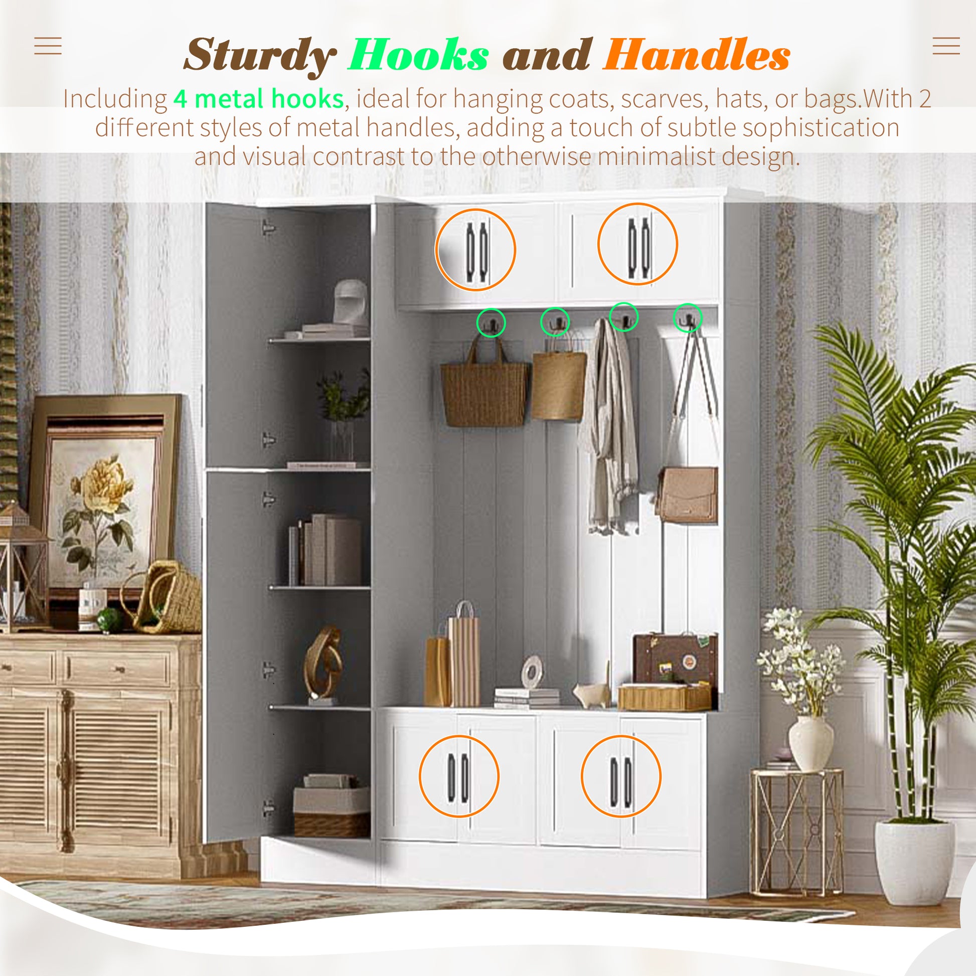 U-Can 79'' Tall Modern Hall Tree with Shoe Storage, 4-in-1 Entryway Bench with 6 Cabinets, 4 Coat Hooks & Adjustable Shelf for Hallway, living room, White