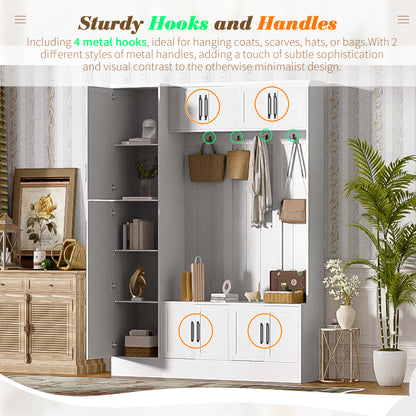 U-Can 79'' Tall Modern Hall Tree with Shoe Storage, 4-in-1 Entryway Bench with 6 Cabinets, 4 Coat Hooks & Adjustable Shelf for Hallway, living room, White
