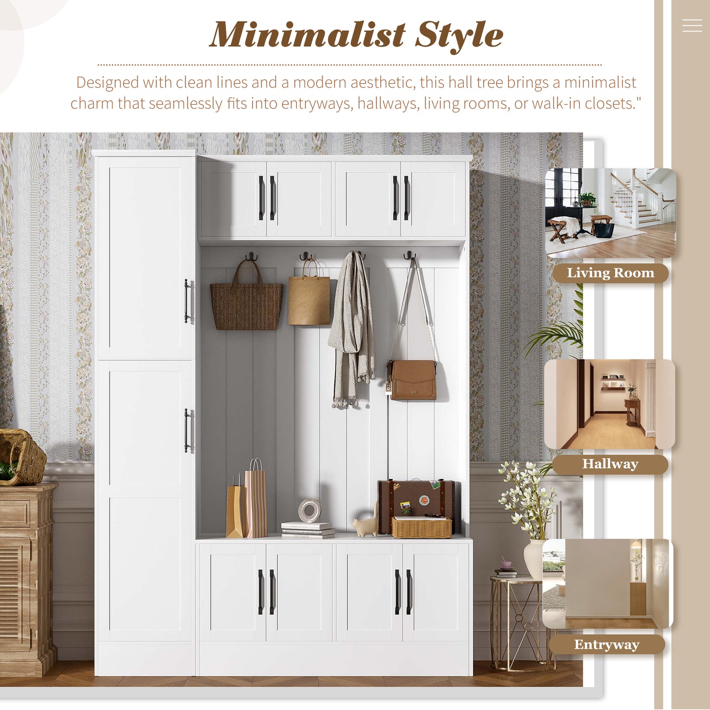 U-Can 79'' Tall Modern Hall Tree with Shoe Storage, 4-in-1 Entryway Bench with 6 Cabinets, 4 Coat Hooks & Adjustable Shelf for Hallway, living room, White