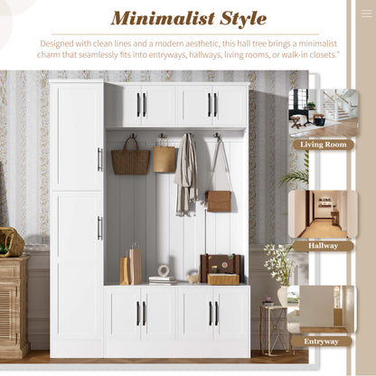 U-Can 79'' Tall Modern Hall Tree with Shoe Storage, 4-in-1 Entryway Bench with 6 Cabinets, 4 Coat Hooks & Adjustable Shelf for Hallway, living room, White