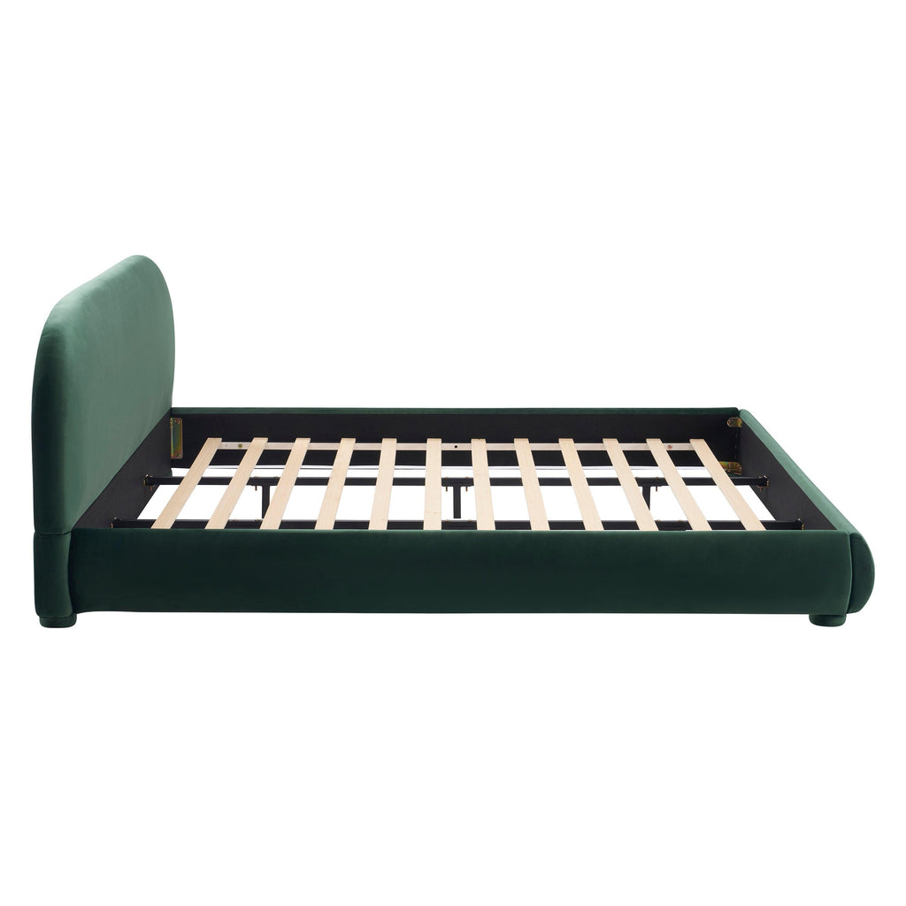 King Size Dark Green Velvet Bed with Curved Headboard.