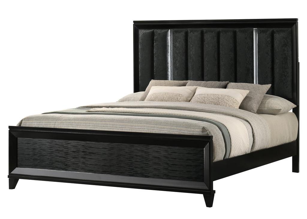 King Size Upholstered Panel Bed with LED Headboard in Black Wood