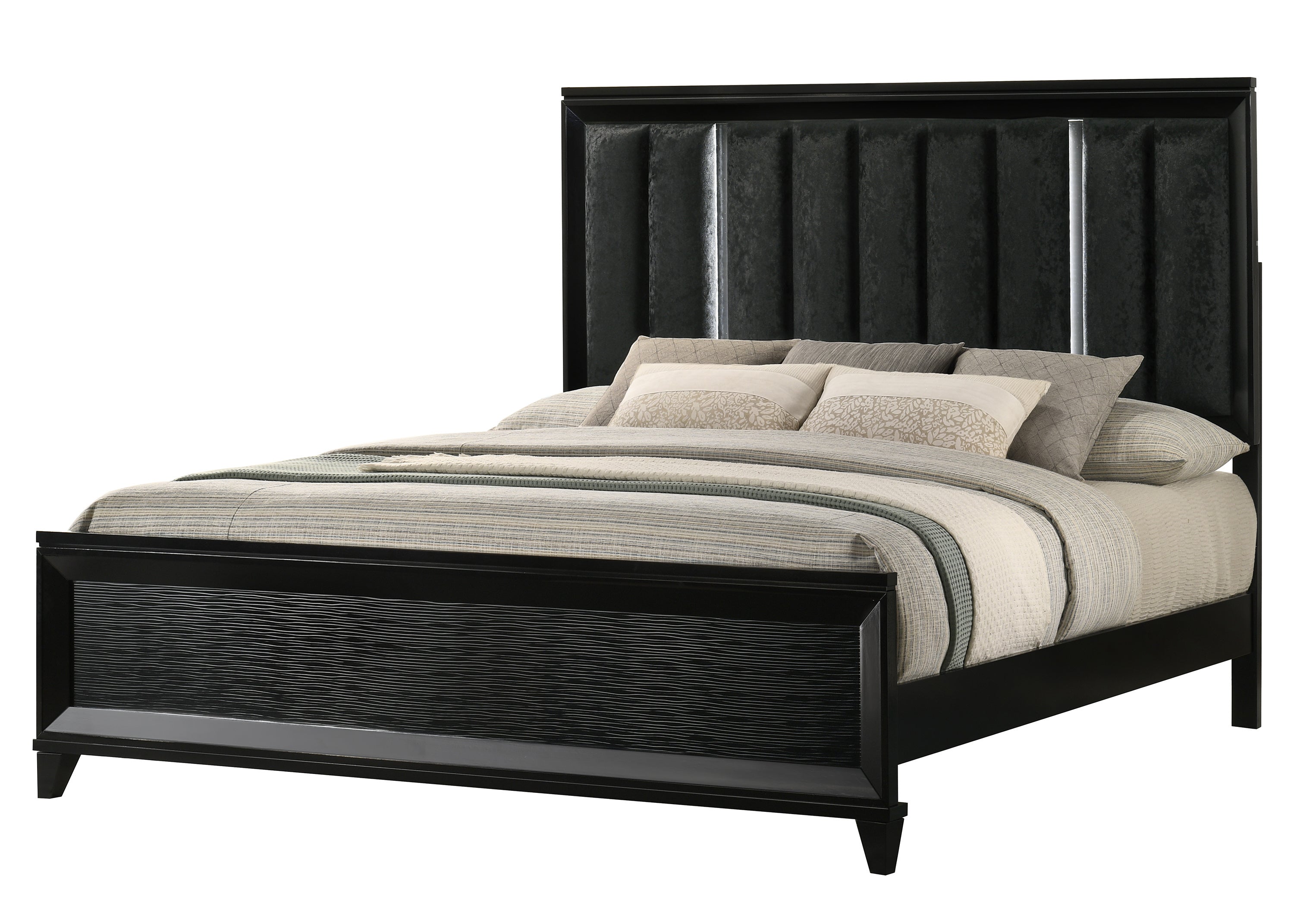 King Size Upholstered Panel Bed with LED Headboard in Black Wood