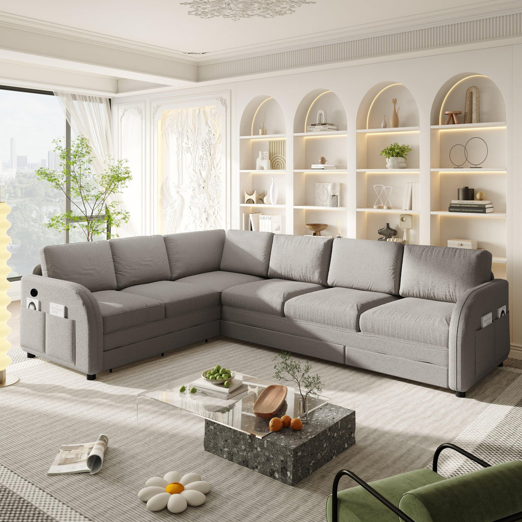 L-Shaped Sofa with Pull-Out Bed and USB Port.
