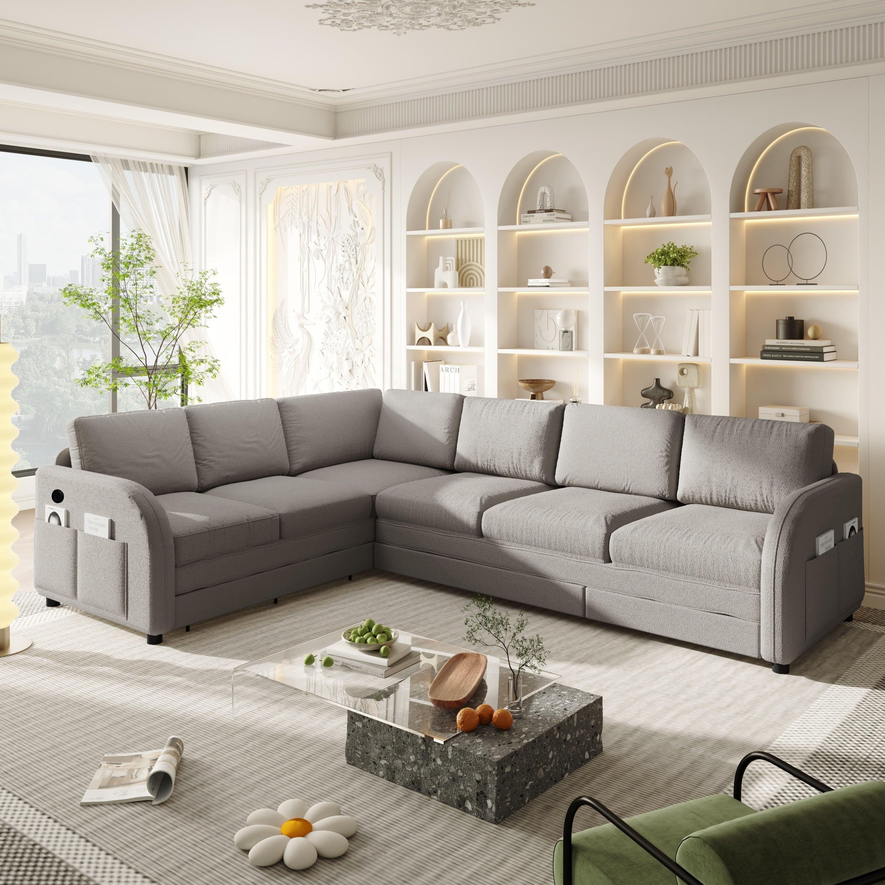 L-Shaped Sofa with Pull-Out Bed and USB Port.