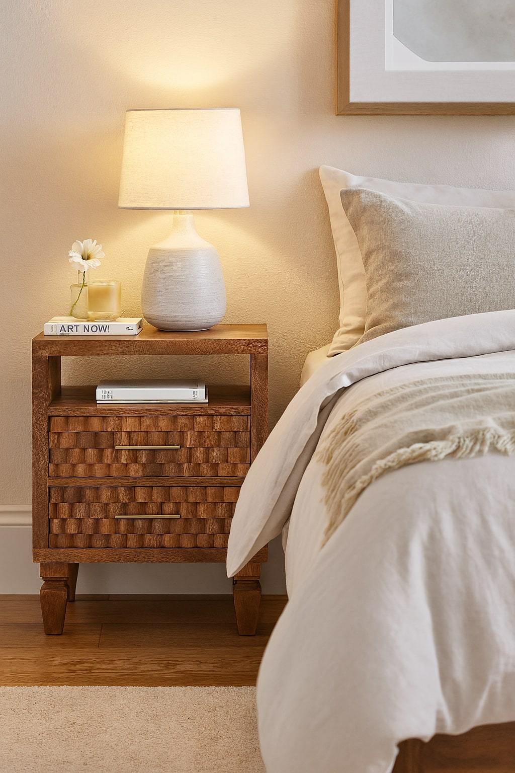 Solid Wood Arno Bedside in Golden Teak,Brown Patter,1-shelf,2-Drawers