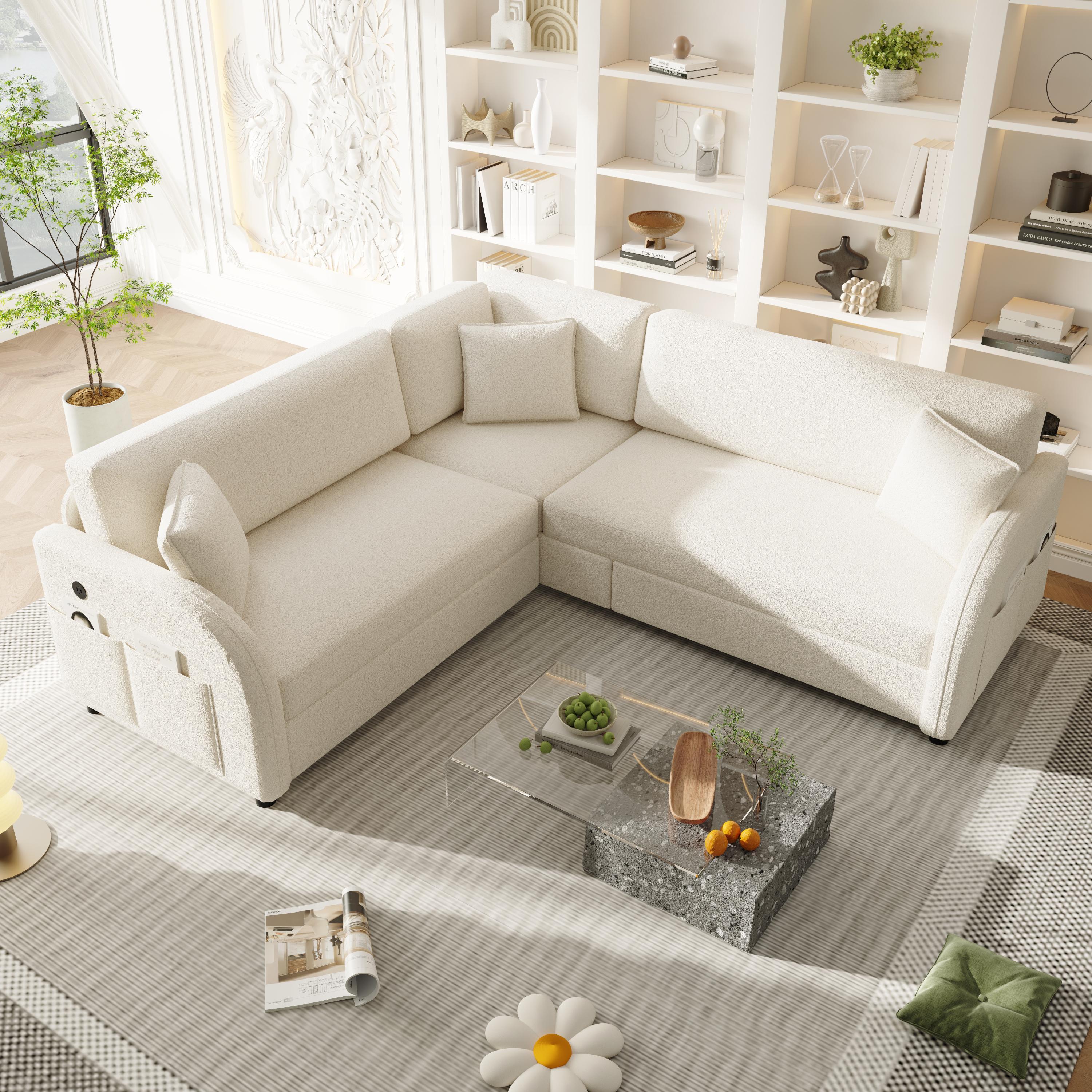 85.1' L-Shaped Sofa with Pull-Out Bed and USB Port.