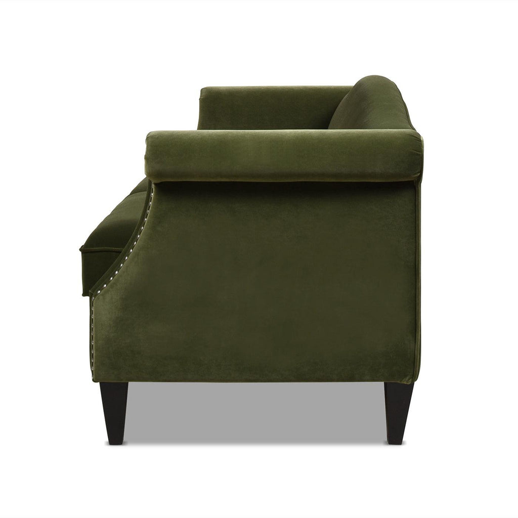 Elaine 77' Small Space Sofa in Olive Green Velvet.