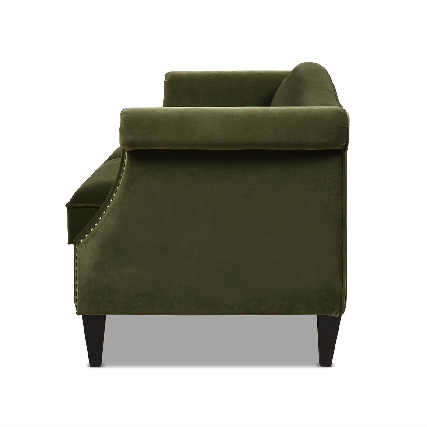 Elaine 77' Small Space Sofa in Olive Green Velvet.